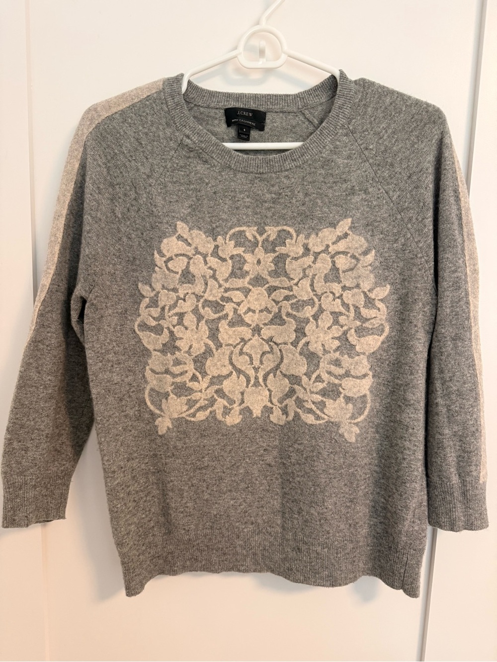 J. Crew Gray Cashmere Sweater with Cream Floral Motif
